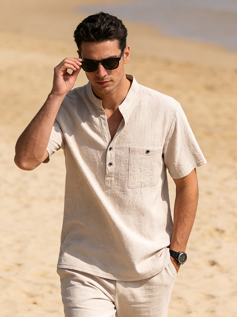 Linen Shirt Breathable - Camicia Henley da Uomo in Cotone
