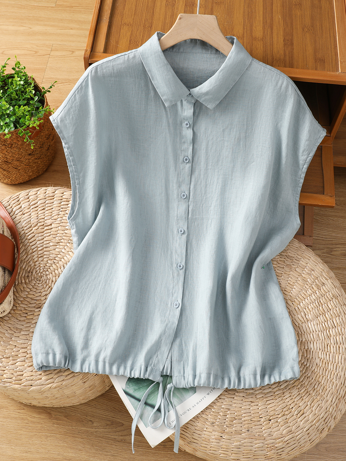 Short Linen Drawstring - Camicia Casual Estiva da Donna in